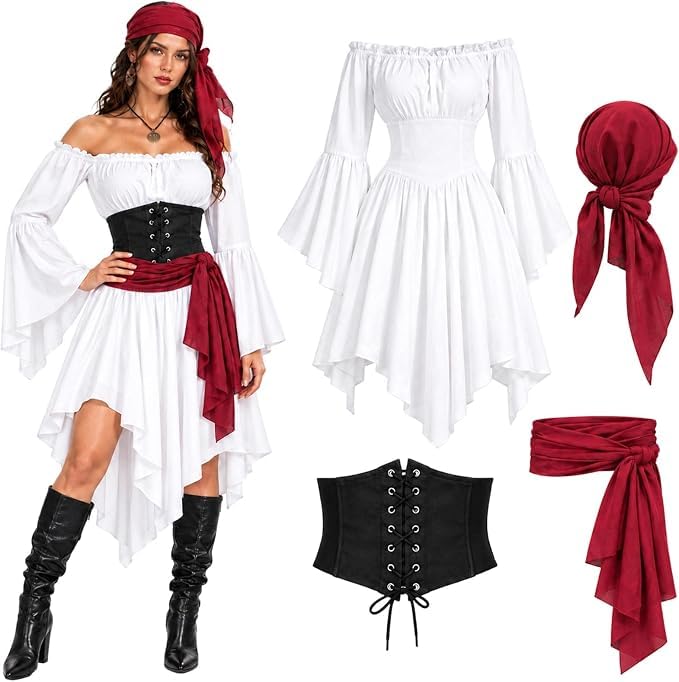 Disfraz Pirata Mujer — Conjunto Renacentista De 4 Piezas Con