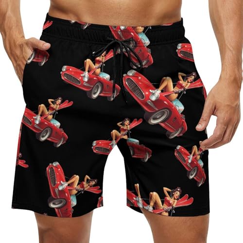 Ski PINUP Girl And Car Mens Swim Trunks Quick Dry Board Shorts Beach Swimwear Bathing Suits