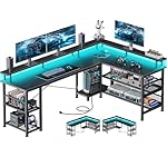 ODK 66" L Shaped Gaming Desk with Power Outlet and LED Lights, PC Gaming Table with Carbon Fiber Texture, Reversible L Shape Desk with Storage Shelves & Monitor Stand, Home Office Desk, Black