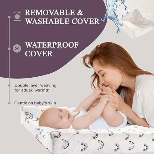 Image of Organic Cotton Covered Contoured Baby Changing Pad | Waterproof Foam Mattress, Soft, Removable & Washable Cover, Safety Strap, Non-Slip Bottom, Topper for Standard Size Infant Diaper Table & Dresser