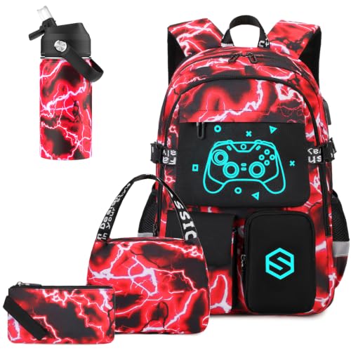 Scothen 4PCS Cool Luminous Backpack for Boys with Water Bottle & Lunch Bag