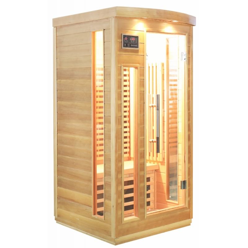 SNÖ Sauna Infrarouge Extérieur 1 Place 1500W Cabine Hemlock Bois Massif Chromothérapie LED Panneaux Carbone Porte Verre Sécurisé Ionisateur Bluetooth