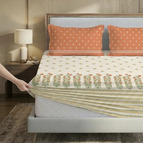 Image of MYTRIDENT Soft Comfort Bedsheet for Double Bed King Size | 182 cm x 198 cm + 30 cm | 200 TC, Sateen Weave, 100% Cotton, Elastic fittedsheet with 2 Pillow Covers and Breathable - Art Age