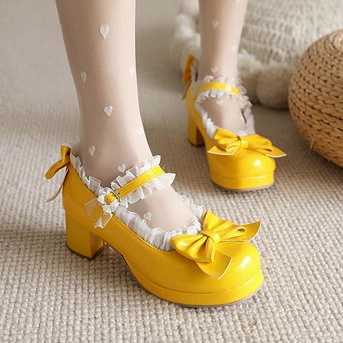 Bellirala Kawaii Mid Block Heel Mary Janes Platform Rockabilly Shoes Patent Chunky Heels Pumps Sweet Cute with Bow3