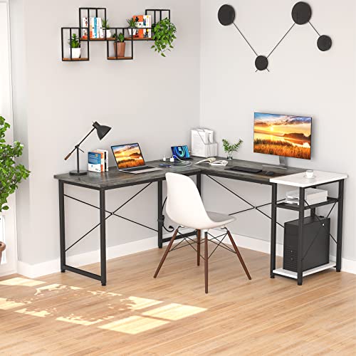 Ecoprsio L-Shaped Desk With Power Station And Usb, Large L Shaped Gaming Desk With Storage Shelves Industrial Corner Desk Writing Study Table For Home Office Gaming Workstation, Oak And White #TOP5