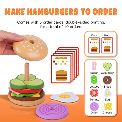 Tookyland Montessori Hamburger Stacking Toys, Wooden Burger Toy Play Food Toys For Kids, Fine Motor Toys For 3 4 5 Year Old, Fake Food Hamburger Toys With Order Cards #TOP2