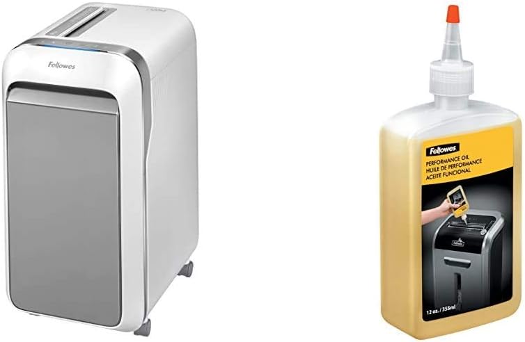 Fellowes LX22M 20 Sheet P-4 Micro-Cut, Heavy Duty Paper Shredder for Office, 100% Jam Proof (White) & Powershred Performance Shredder Oil, 12 oz. Extended Nozzle Bottle (35250)