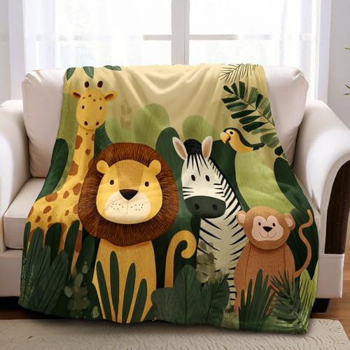 Cartoon-Dschungel Kuscheldecke Fleecedecke Decke 130x170 cm Tiere Löwe Giraffe Wohndecken Couchdecke Flauschig Überwurf Mikrofaser Tagesdecke Sofadecke Für Bett Sofa Schlafzimmer Büro