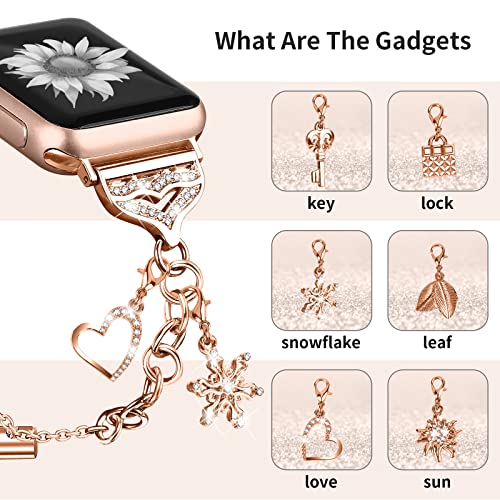 Bling Band Compatible with Apple Watch 40mm 41mm 38mm, Metal Jewelry Watch Strap for Series SE 9 8 7 6 5 4 3 2 1 Interchangeable Charms Dressy Bracelet for Women (Rose Gold)