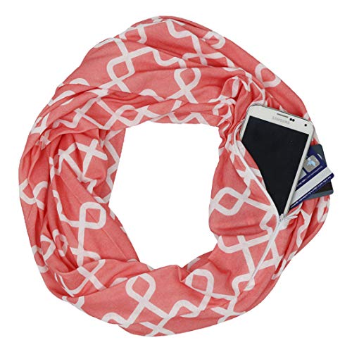 Women Chain Link Pattern Infinity Scarf Wrap Scarf with White Zipper Pocket, Infinity Scarves