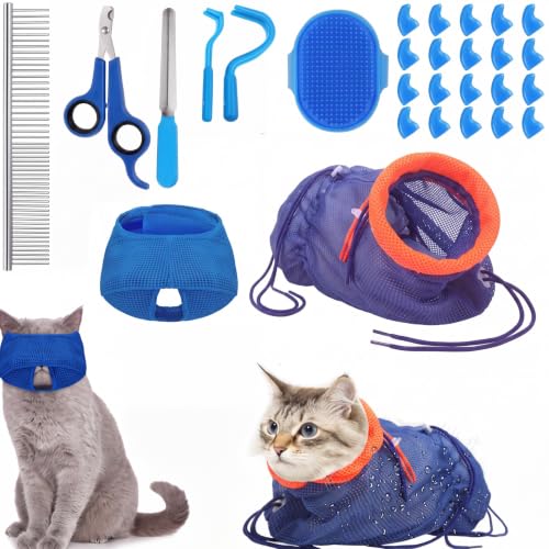Image of 9 Pcs Cat Bathing Bag Set Cat Shower Bag Anti Bite and Scratch for Pet Grooming Washing Brush Comb Muzzle Nail Clipper Nail File Tick Tool (Navy Blue)