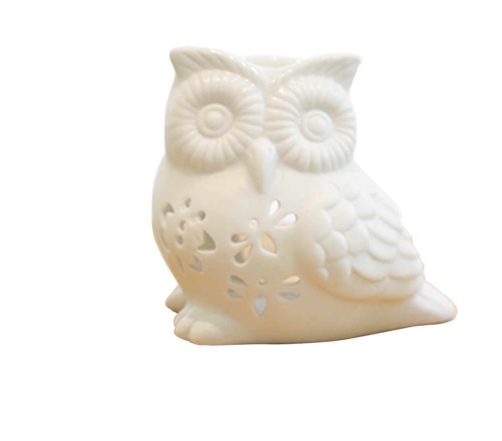 ToiM Milk White Ceramic Hollowing Floral Aroma Lamp Candle Warmers Fragrance Warmer Oil Diffuser Essential Oil Lamp Aromatherapy Furnace Ceramic Incense Burner Wax Melt Warmer (Owl Shaped)