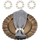 Set of 16 Pearl Napkin Rings Gold Pearl Rhinestone Beaded Napkin Holders Ring Bling Serviette Rings...