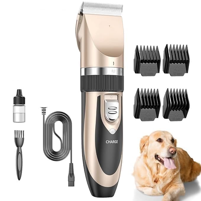 Image of Unisex pets grooming kit, Rechargeable Cordless Electric Quiet Hair Clipper Grooming Kit Set, Professional Pet Hair Trimmer Long Short Hair Shaver for Pets Cats Pets (Gold)