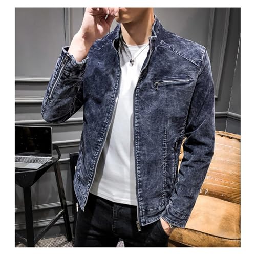 Maiyifu-GJ Men's Slim Fit Zipper Warm Moto Trucker Coat Winter Stand Collar Distressed Jean Jacket Fleece Lined Denim Jacket (Dark BlueB1,Medium)3