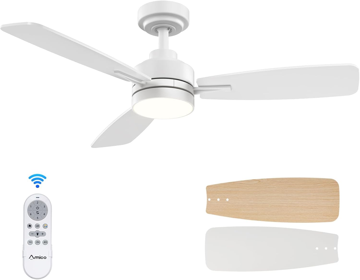 Amico Ceiling Fans with Lights, 44 inch Ceiling fan with Light and Remote Control, Reversible, 3CCT, Dimmable, Noiseless, Small White Ceiling Fan for Bedroom, Indoor/Outdoor Use