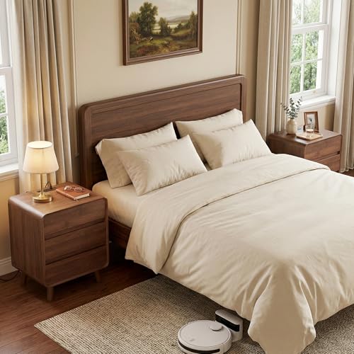 Image of Nasonet Nightstand with Charging Station, Large Mid Century Modern Nightstand with 3 Drawers, Wood Bedside Table for Bedroom, Curved Beveled Design, Walnut