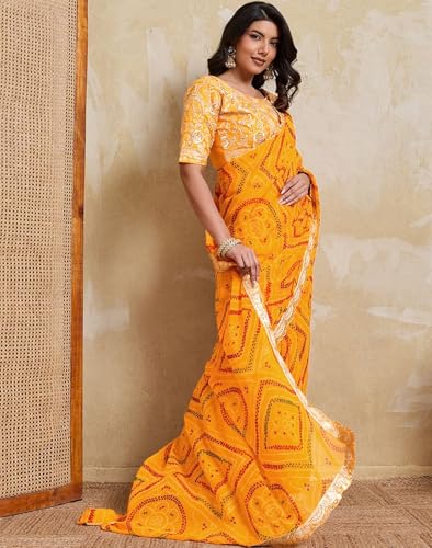 Image of SIRIL Women's Georgette Sequins Embroidery Printed Bandhani Saree with Unstitched Blouse Piece