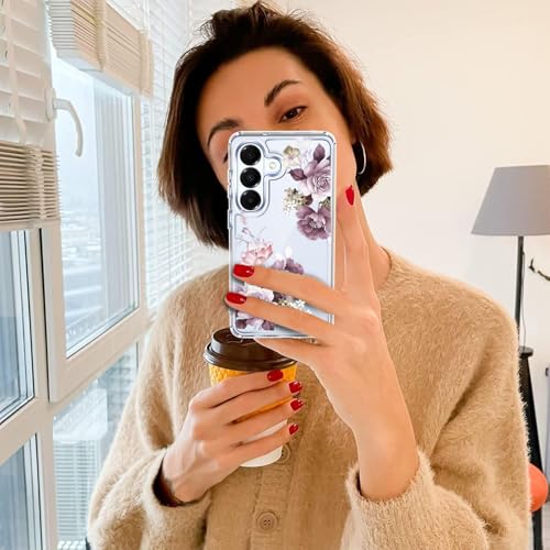 Image of Elzzi Clear Transparent Flower Cover for Samsung S26 5g Case Shockproof Floral Design Camera Protection Shockproof PC+TPU Transparent Flower Cover for Girls & Women (Deep Purple)