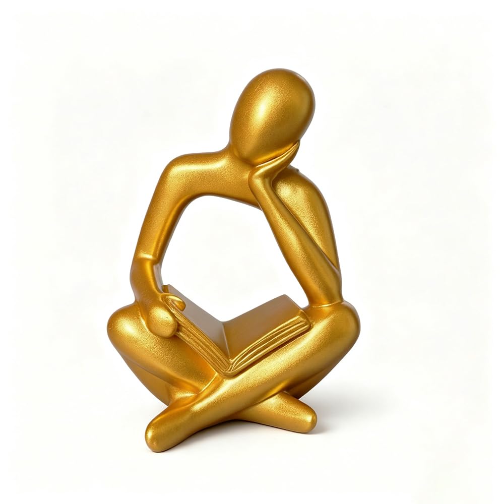 Gold Resin Reading Thinker Statue, Modern Bookshelf Decor Figurine
