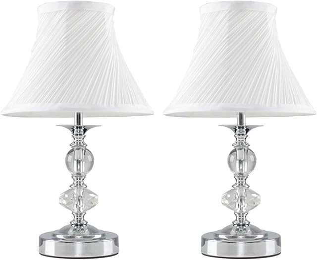 Pair of - Modern Polished Chrome and Glass Touch Table Lamps with Pleated White Shades - Complete with 5w LED Dimmable Candle Bulbs [3000K Warm White]