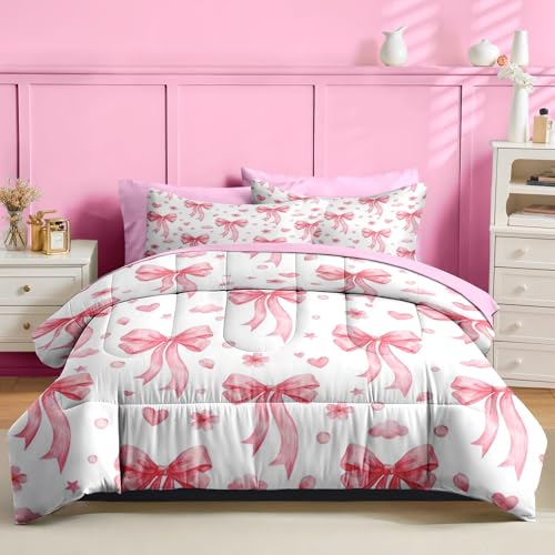 Image of Nesker Bow Comforter Set Twin Size, 5 Pieces Bed in a Bag, Pink Bow Bedding Set for Girls, Romantic Heart Comforter Set with 1 Pillowcase & 1 Sham