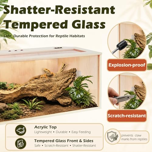 Image of PROLEE Bearded Dragon Tank,Wooden Reptile Tank and Lizard Tank,Tempered Glass Large Bearded Dragon Enclosure with Built-in Lamp Fixture (48X20X20inch,80 Gallons)