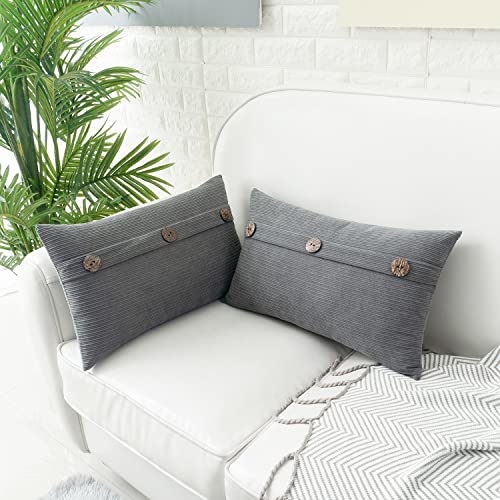 Hwy 50 Grey Gray Throw Pillow Covers 12X20 Inch For Couch Sofa Bed Living Room, Chenille Soft Solid Decorative Farmhouse Rectangle Throw Pillows Cases Set Cushions Cover With Triple Buttons Pack Of 2 #TOP3