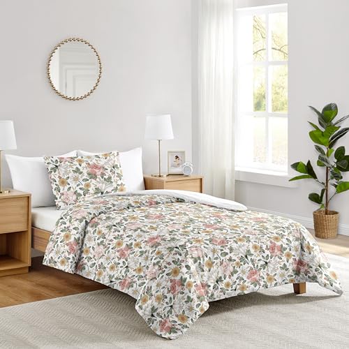 Image of Sweet Jojo Designs 2-Piece Twin Comforter Set (Vintage Floral Boho) for Girls, Teen, Kids Bedding, Bed in a Bag incl. Blanket & Pillow Sham (Shabby Chic, Rose Flower, Farmhouse, Bohemian Pink, Yellow)