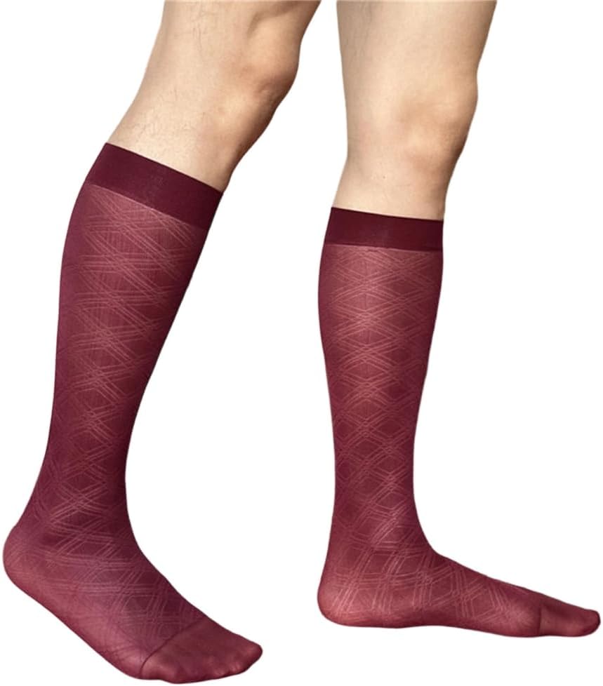 Men's Thin Sheer Nylon Dress Socks Elegant Argyle Pattern Middle Calf Socks for Business Suit and Formal