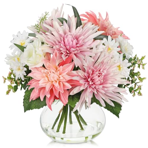 Briful Fake Flower Arrangement in Glass Vase, 11" Faux Dahlia Silk Flowers Centerpiece Table Decorations Pink Mixed Floral Bouquet for Home Office Dining Room Coffee Table Wedding Decor
