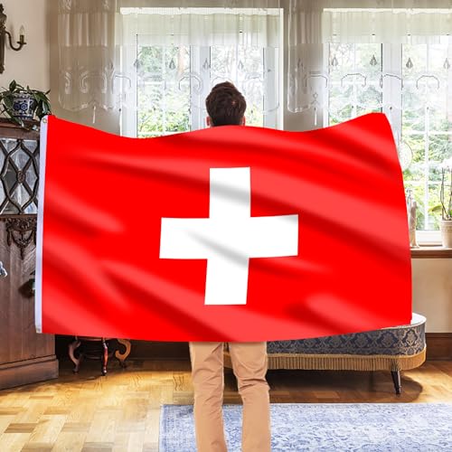 Image of AhfuLife Switzerland Flag 3x5 Ft, Large Switzerland National Flags for Outside - Double Side with Brass Eyelets for Olympic Party Decorations, Bar Garden Street Decoration Indoor Outdoor
