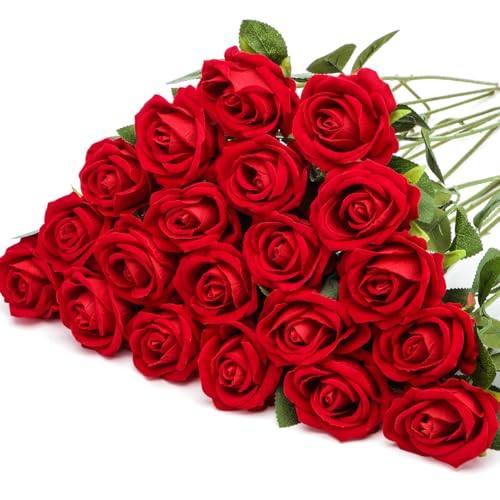 Sredumn 16PCS Artificial Roses, Fake Velvet Rose Single Flowers with Stem,for Wedding Decoration Home Garden Garty Centrepieces(Red)
