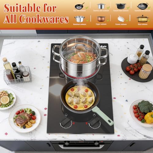 Image of 2 Burner Electric Cooktop - 110v Countertop and Built-in Electric Stove 2000W, 12 Inch Ceramic Stove with Residual Heat Indicator, Over-Temperature Protection, Knob Control, 110-120V Plug in