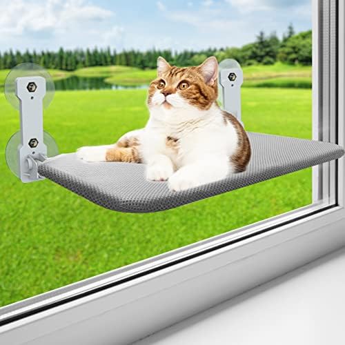 Foldable Cat Window Perch, Cordless Cat Window Hammock Cat Window Bed Window Seat for Indoor Cats Inside Strong Suction Cup, Large Cats Windowsill Bed Safety with Sturdy Metal Frame & Breathable Mat
