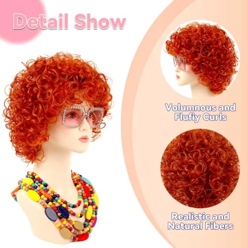 Image of Women Roper Curly Orange Red Cosplay Wig with Necklace Earrings and Sunglasses for Women Hallween Costume Wig