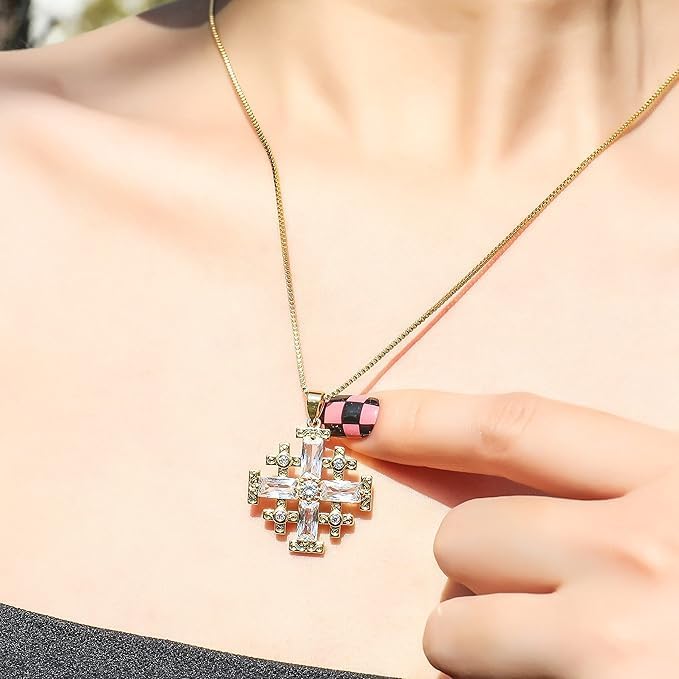 Nazareth Store 18k Yellow Gold Plated Crusaders Jerusalem Cross Pendant with Crystallized Topaz and 20" Necklace Chain - Image 2