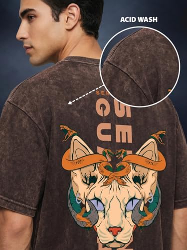 Image of Veirdo Heavy GSM Pure Cotton Men's Graphic Print Oversized Fit Half Sleeve Round Neck Cotton Acid Wash Print T-Shirt in Different Colors with Sizes ranging from S to 2XL.