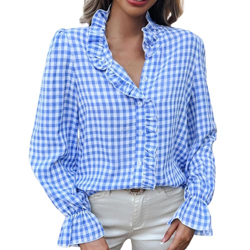 PODOLIXIA Bluse Damen Sommer Langarm Hemdbluse mit Rüschen und Knopfleiste Check Damenblusen Kariertes Hemd Lange Ärmel Karohemd Frauen...