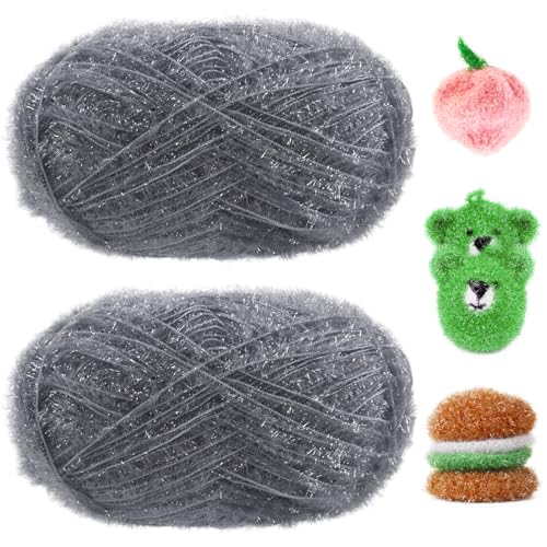 Image of JeogYong Scrubby Yarn 2 Skeins (2 x 100g, 2 x 218yd) Scrubby Sparkle Yarn, Fluffy Polyester Scrubbie Crochet String for Crocheting Knitting Dishcloths Washcloths DIY Projects