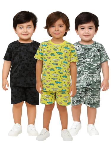 Image of UZARUS Kids Boys' Printed T-Shirt and Shorts Combo Set | Comfortable Summer Wear | Daily Casual Outfit | (Pack of 3)