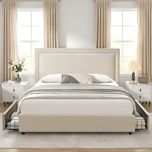 Image of VECELO King Size Upholstered Bed Frame with 4 Storage Drawers, Adjustable Velvet Rivet Decor Headboard, Wooden Slats Platform Support, No Box Spring Needed, Easy Assembly,Beige