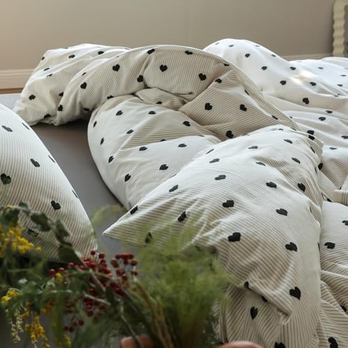 Freyamy Herz Bettwäsche 155x220 Herzen Weiß Schwarz Gestreift BettwäscheSet – Ansicht 1