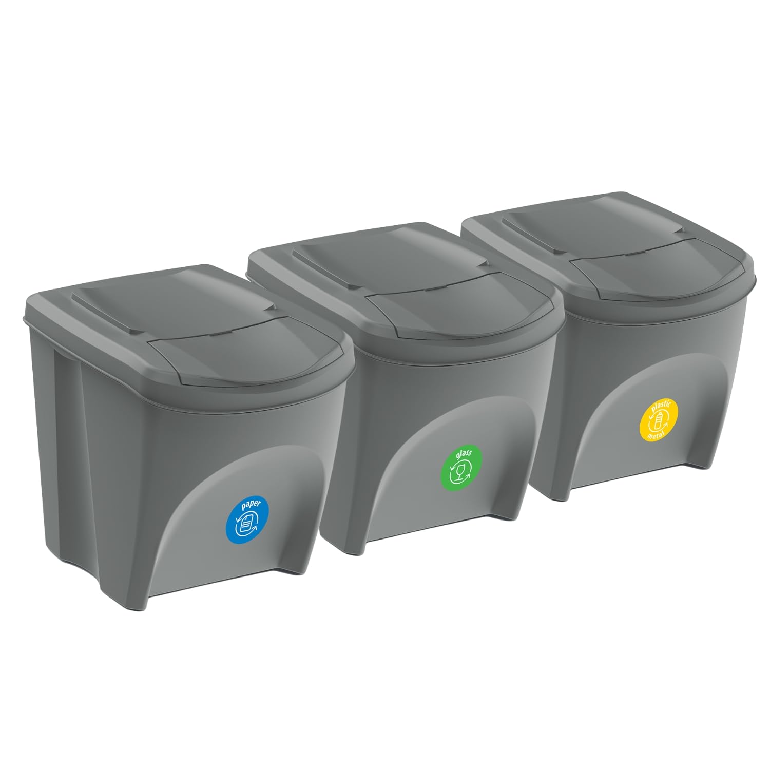 Sorting Bins Recycling Segregation Waste Stackable Set Lidded with Stickers Dustbins 25L 20L 35L Grey (3x 25L)