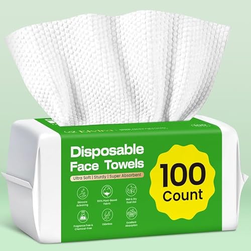 Elvira 100 Count Disposable Face Towels, Biodegradable Skincare Facial Cleansing Towels, Ultra Soft & Thick Makeup Remover Dry Wipes, Lint-Free & Vegan for Sensitive Skin, Travel Essential