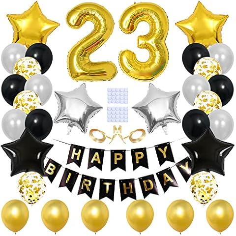 Yijunmca 33pcs 23rd Birthday Party Balloon Decorations Happy Birthday Banner Number 23 Balloon Star Foil Balloon Helium Latex Balloon Perfect for Women Men 23rd Birthday Supplies, Gold Black Cover