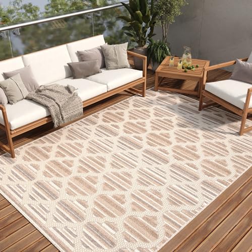 TAPISO Patio Teppich Indoor Outdoor Creme Beige Grau Marokkanisch Design Sisaloptik Wetterfest UV-beständig Terrasse Wohnzimmer ÖKO-TEX 80 x 150 cm