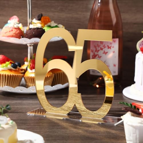 Image of Threehoney 12 Pcs Mirror Gold 65th Birthday Decorations for Men and Women Acrylic Anniversary Decorations Table Numbers Centerpieces for Birthday Party