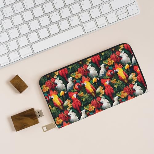Tropical Plant Red Parrot Print Wallet Women, Leather Bifold Multi Card Wallet, Long Purse Women's Wallets4
