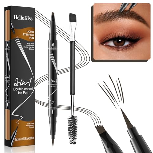 Eyebrow Pen, 2-in-1 Dual-ended Microblading Eyebrow Pencil, Eye Brow Pencils for Women with 4-Fork-Tip & Precise Brush-Tip Create Natural Hair-Like Brows, Stay on All Day, Dark Brown